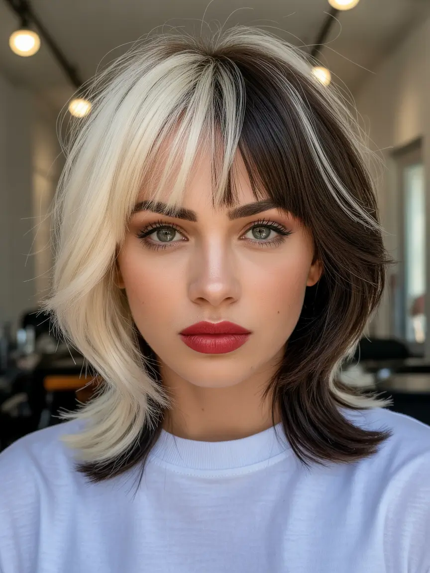 spring Hair Color Ideas to Look Younger Bold Black And Platinum Color Blocking Shag