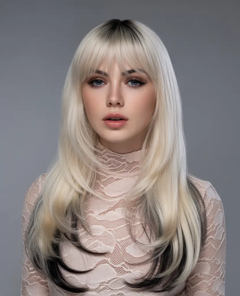 spring long haircut Soft Platinum Layers with Wispy Bangs