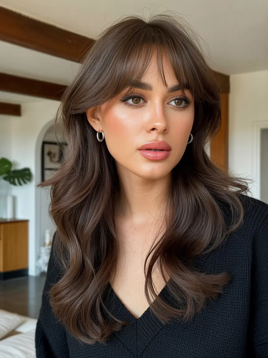 spring long haircut Glossy Brunette Waves with Full Curtain Bangs