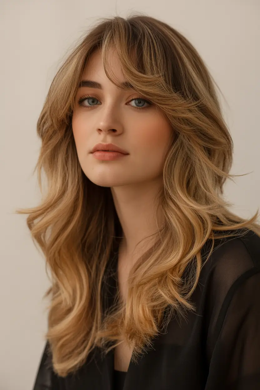 spring long haircut Golden Honey Layers with Airy Side Bangs