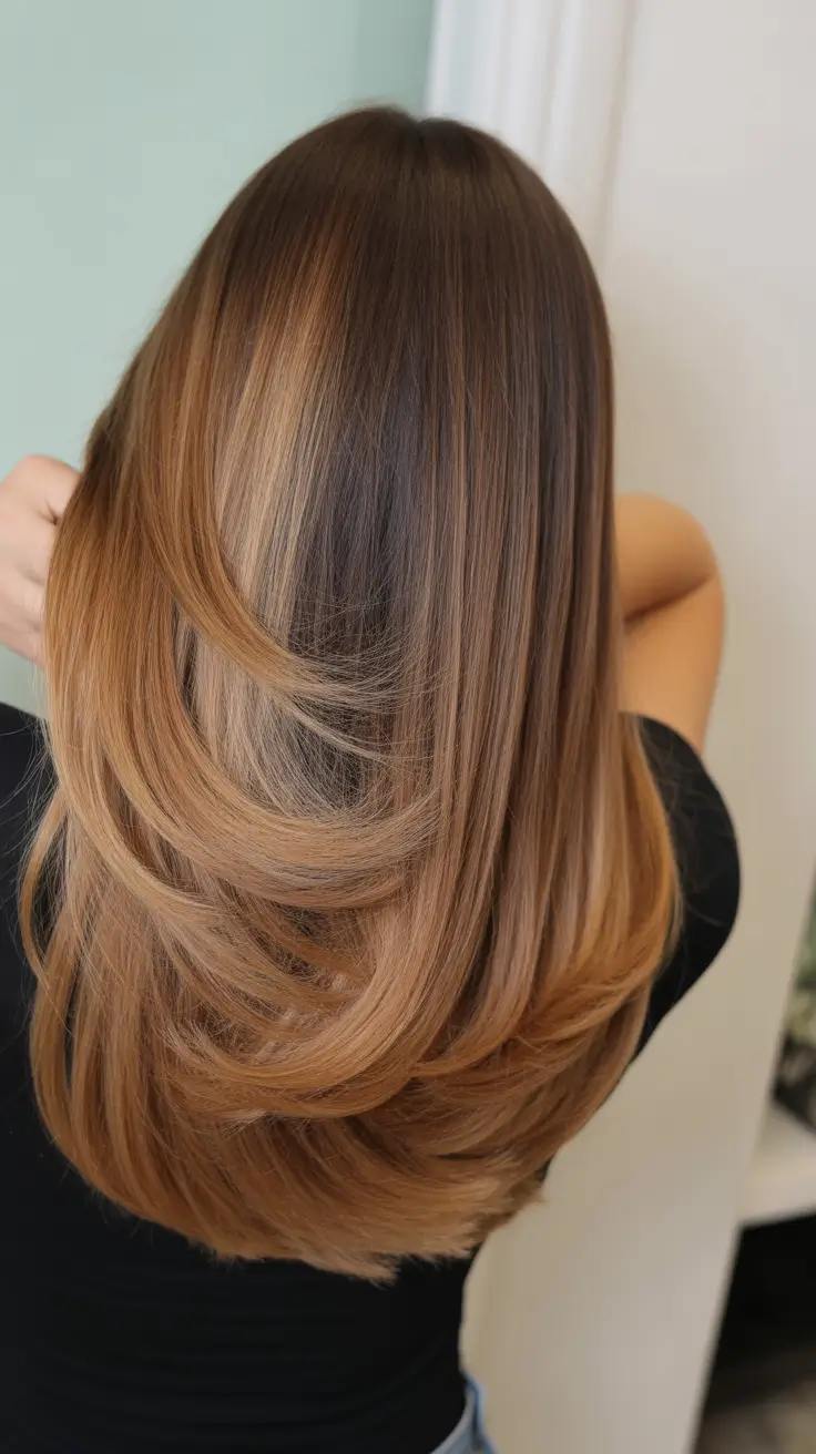 spring long haircut Silky Mid-Length Layers with Seamless Blonde Highlights