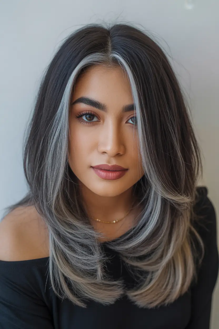 spring long haircut Cool-Toned Brunette with Silver Face-Framing Highlights