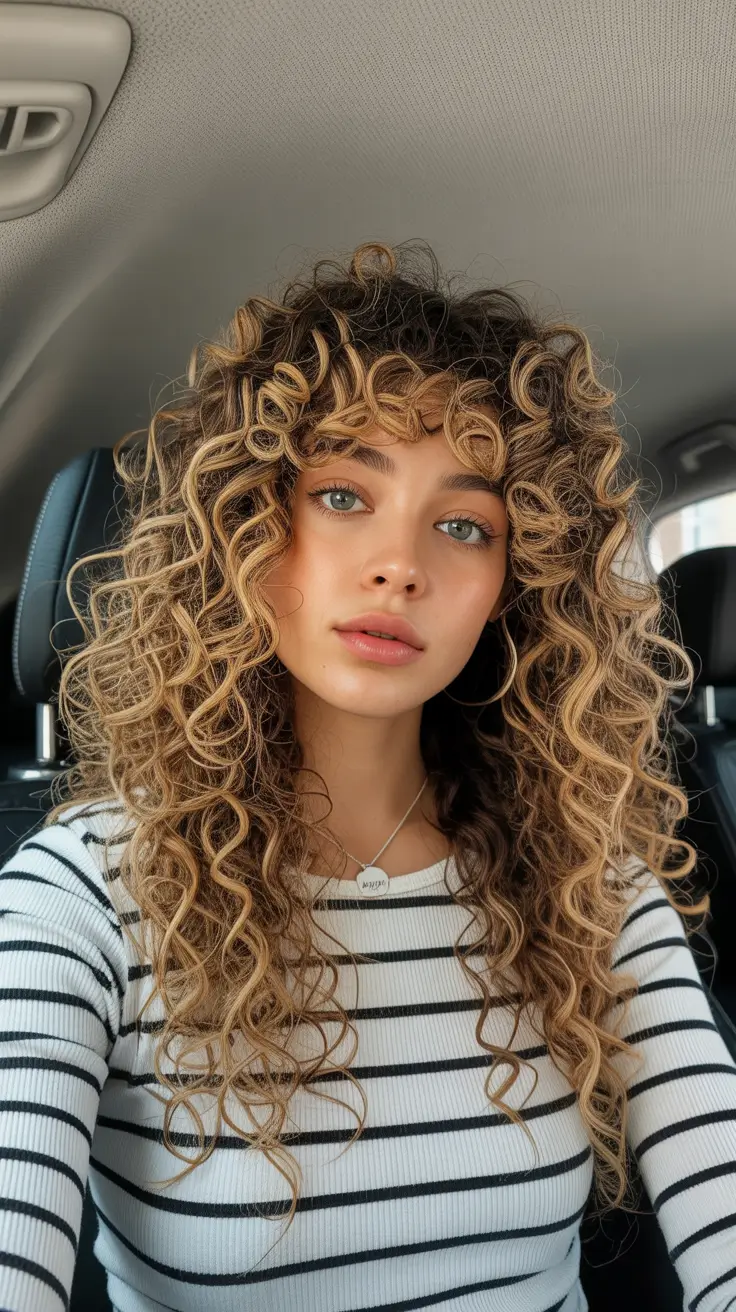 spring long haircut Defined Curly Layers with Blonde Dimension