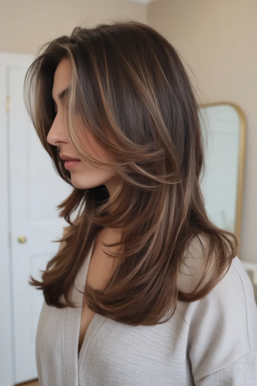 spring long haircut Soft Brunette Layers with Subtle Face-Framing Highlights