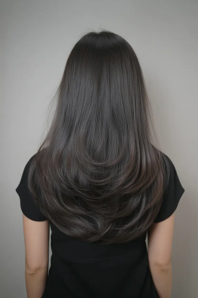 spring long haircut Jet-Black Long Layers with a Glossy Blowout Curve