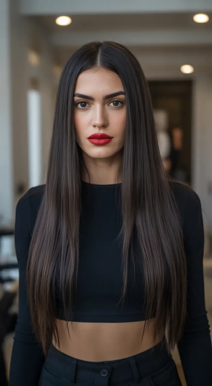 spring long haircut Ultra-Straight Center Part for Sleek Spring Minimalism