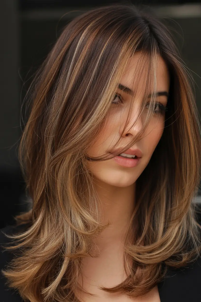 spring long haircut Caramel Mid-Length Layers with Dimensional Highlights
