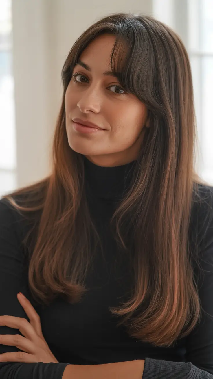 spring long haircut Long Chocolate Hair with Soft Curtain Bangs