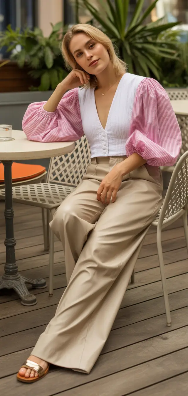 casual spring outfits Pink Puff Sleeves and Neutral Trousers for Comfy Chic Balance