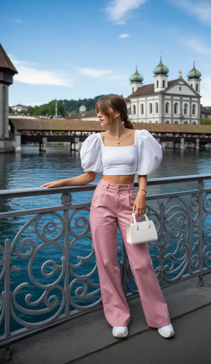 casual spring outfits Soft Puff Sleeves and Pink Pants as Effortless Cute Spring Comfort