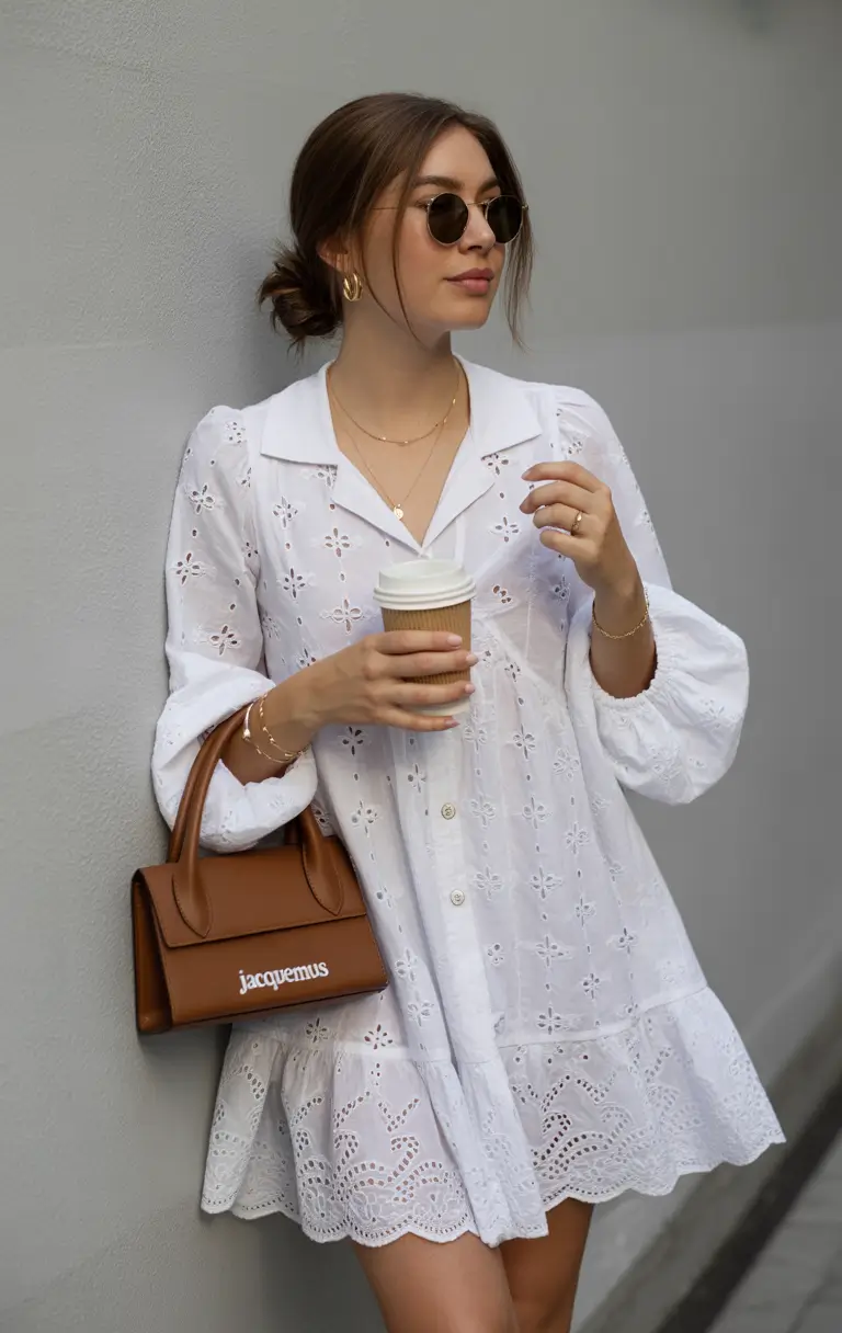 casual spring outfits White Eyelet Dress for Cute Coffee Run Elegance