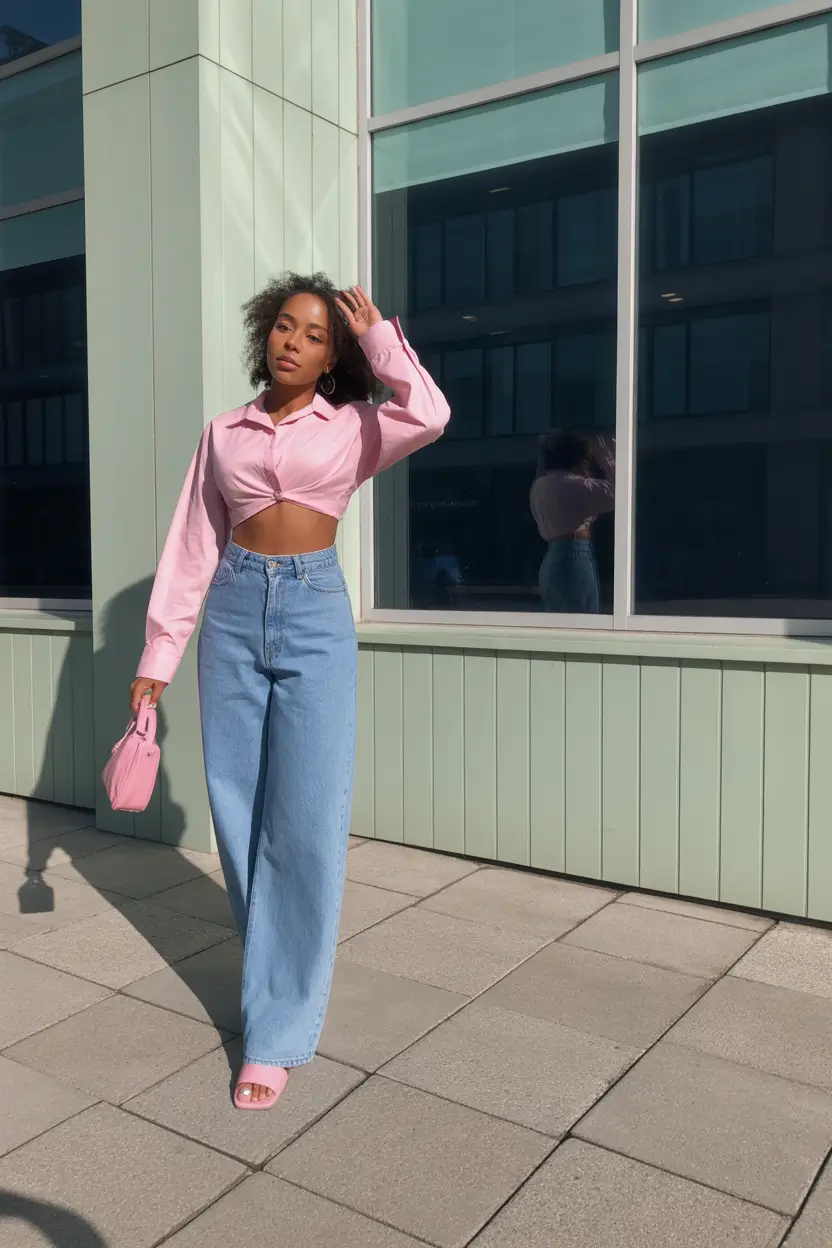 casual spring outfits Pink Crop Shirt and 2026 Jeans for Playful Spring Street Style