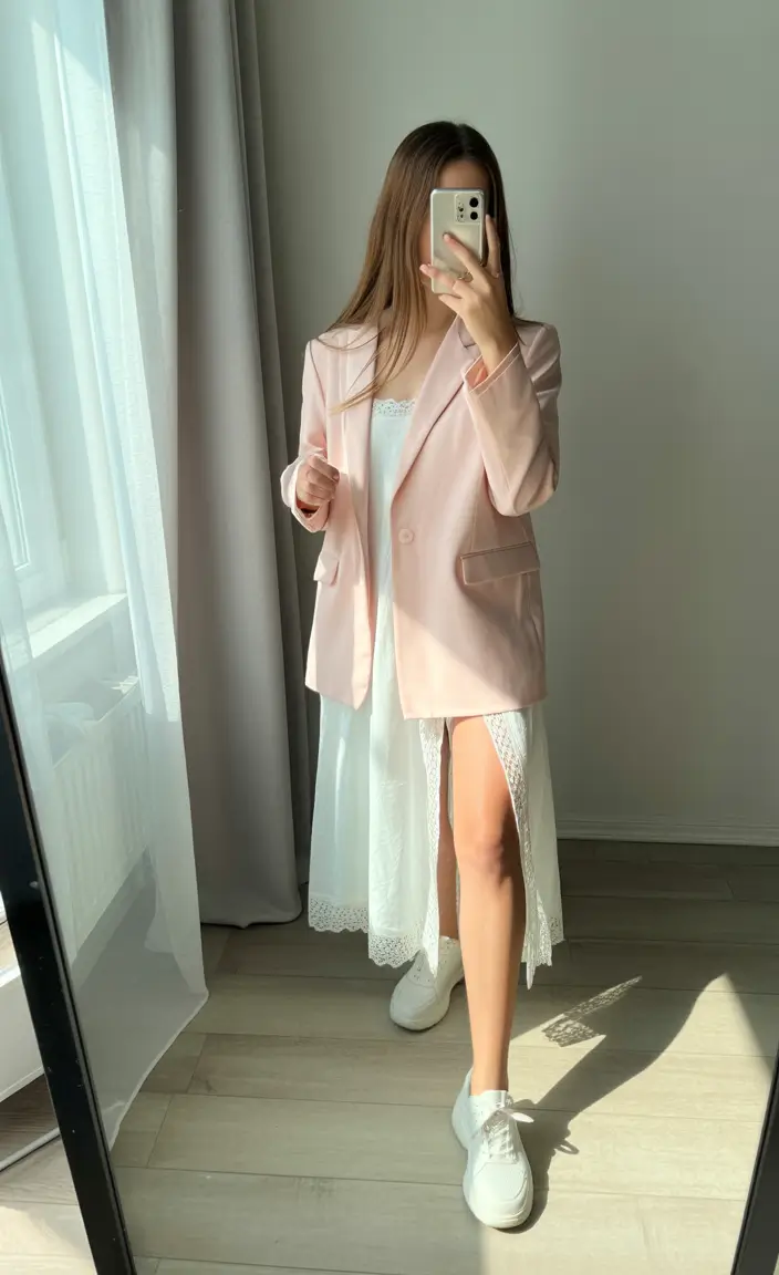 casual spring outfits Blush Blazer Layering for a Soft Spring Business Moment