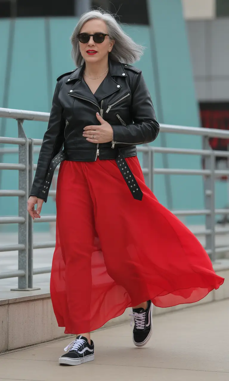 casual spring outfits Leather and Red Flow for Effortless Chic Contrast
