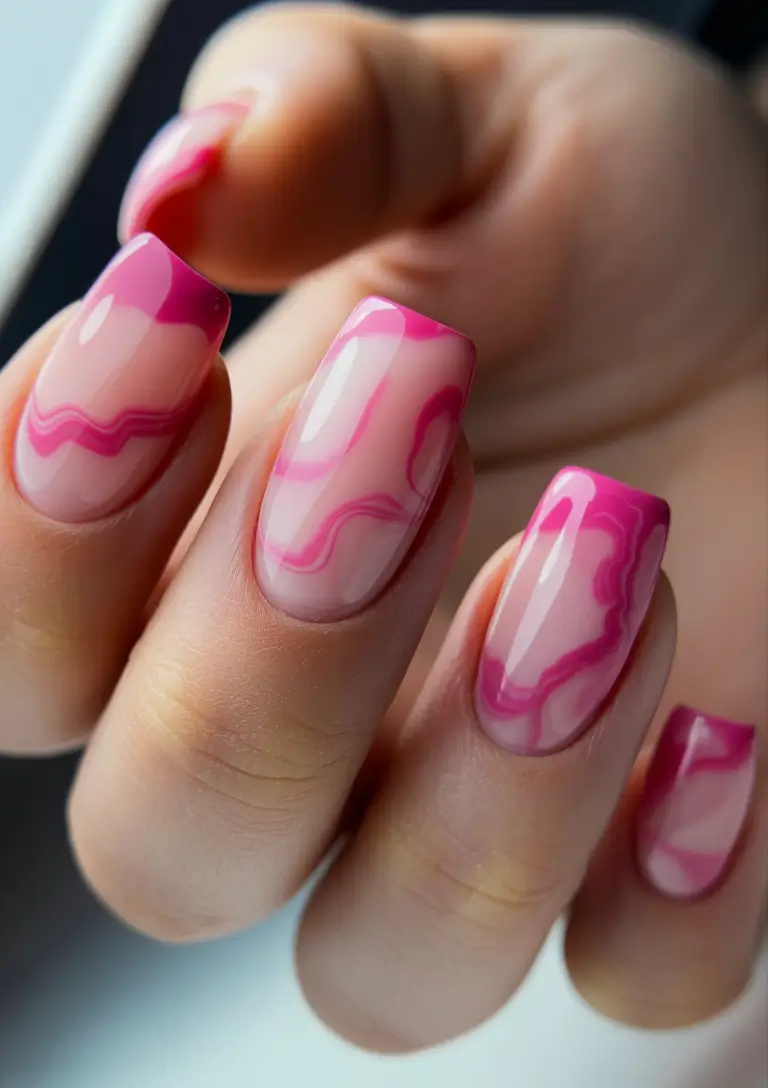 23 elegant colorful spring nails 2026 Pink Marble Swirl Nails for a Modern Romantic Mood