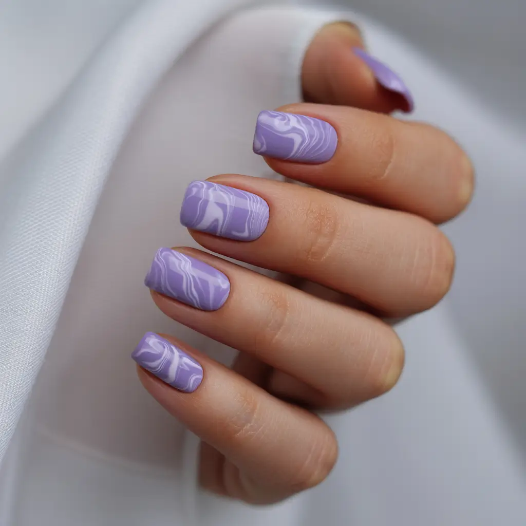 23 elegant colorful spring nails 2026 Lavender Marble Square Nails for a Fresh Seasonal Mood