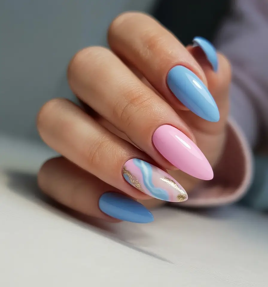 23 elegant colorful spring nails 2026 Pastel Blue and Pink Harmony with Artistic Accents