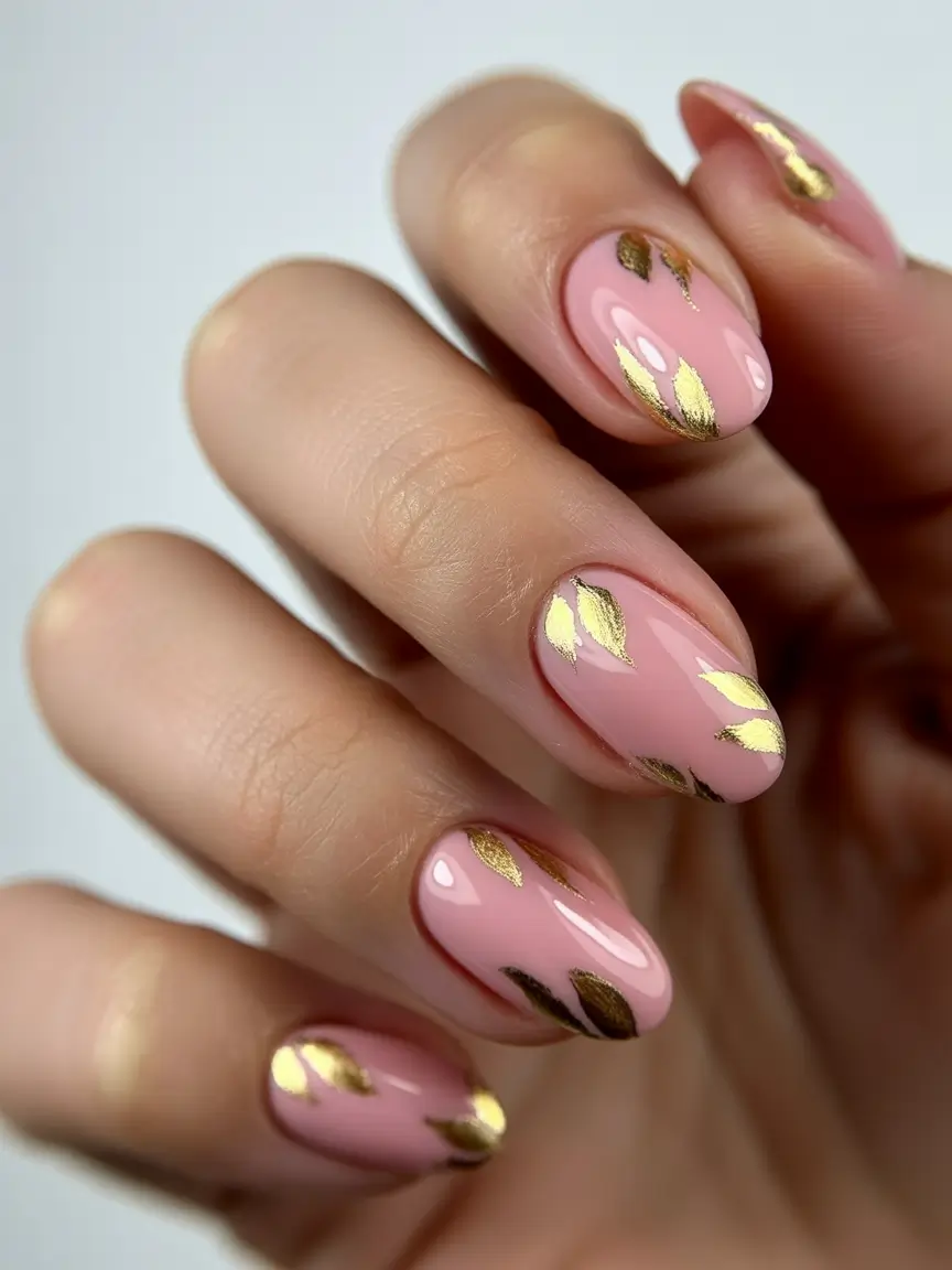 23 elegant colorful spring nails 2026 Soft Pink and Gold Leaf Nails for Romantic Spring Energy