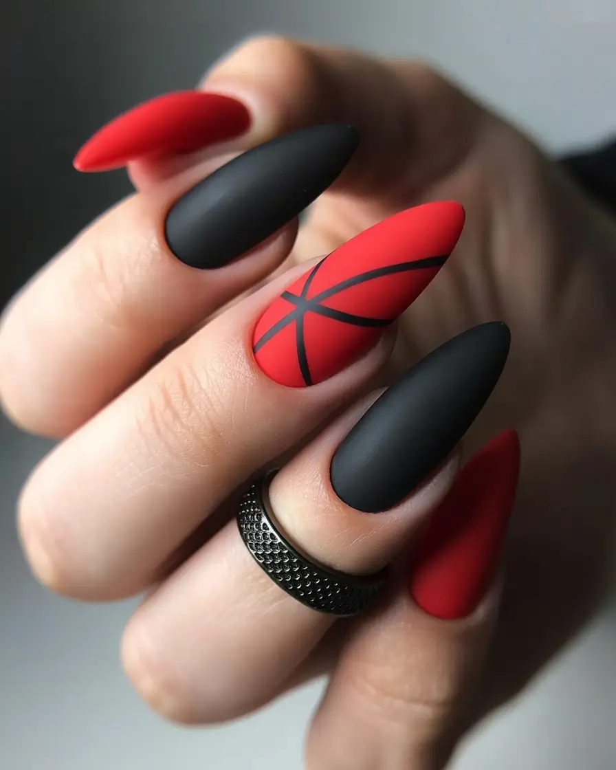 23 elegant colorful spring nails 2026 Bold Red and Matte Black Statement Nails