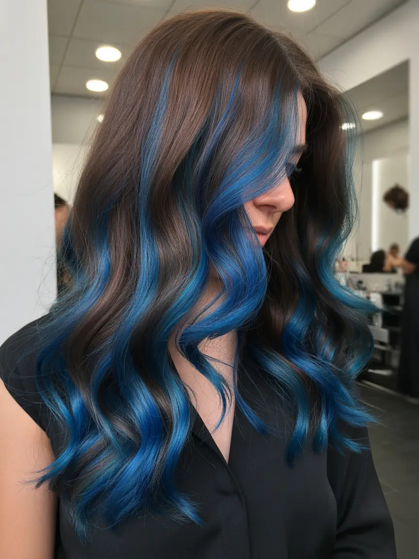 spring balayage hair color Deep Brunette Balayage With Ocean Blue Flow