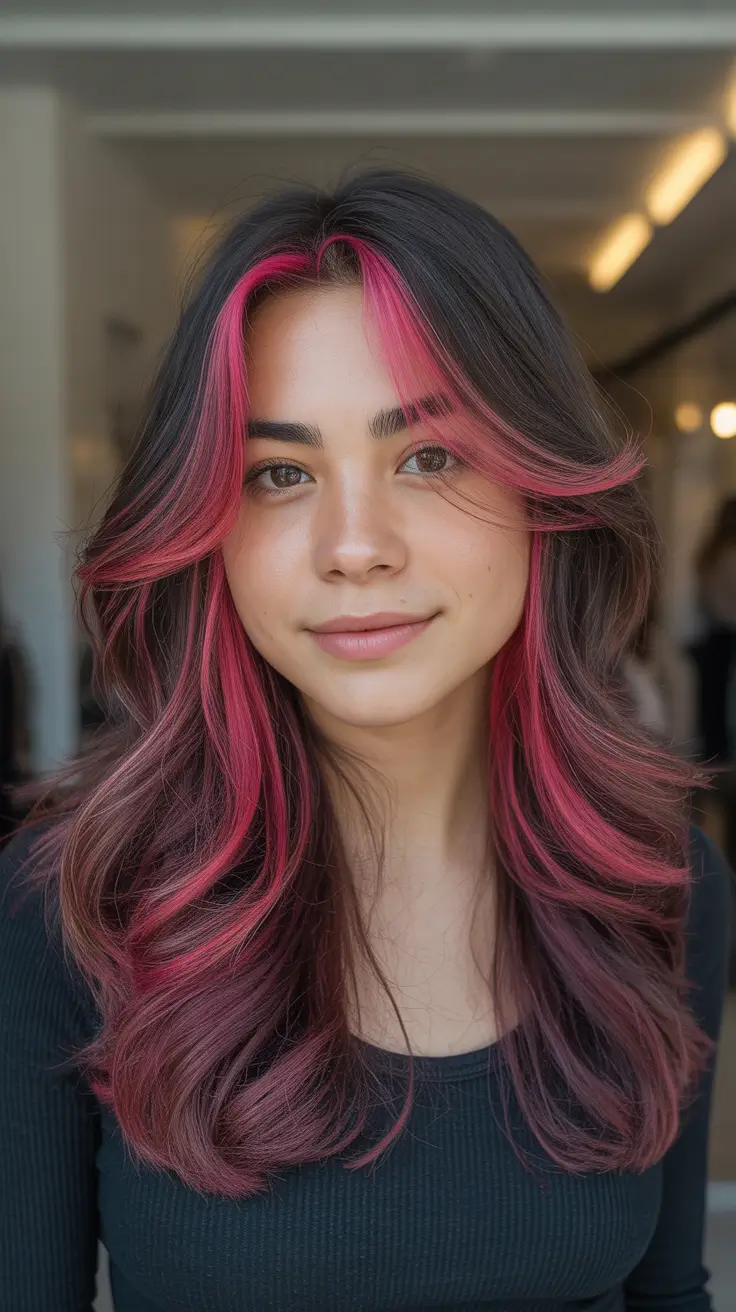 spring balayage hair color Magenta Accent Balayage With Modern Dark Brown Depth