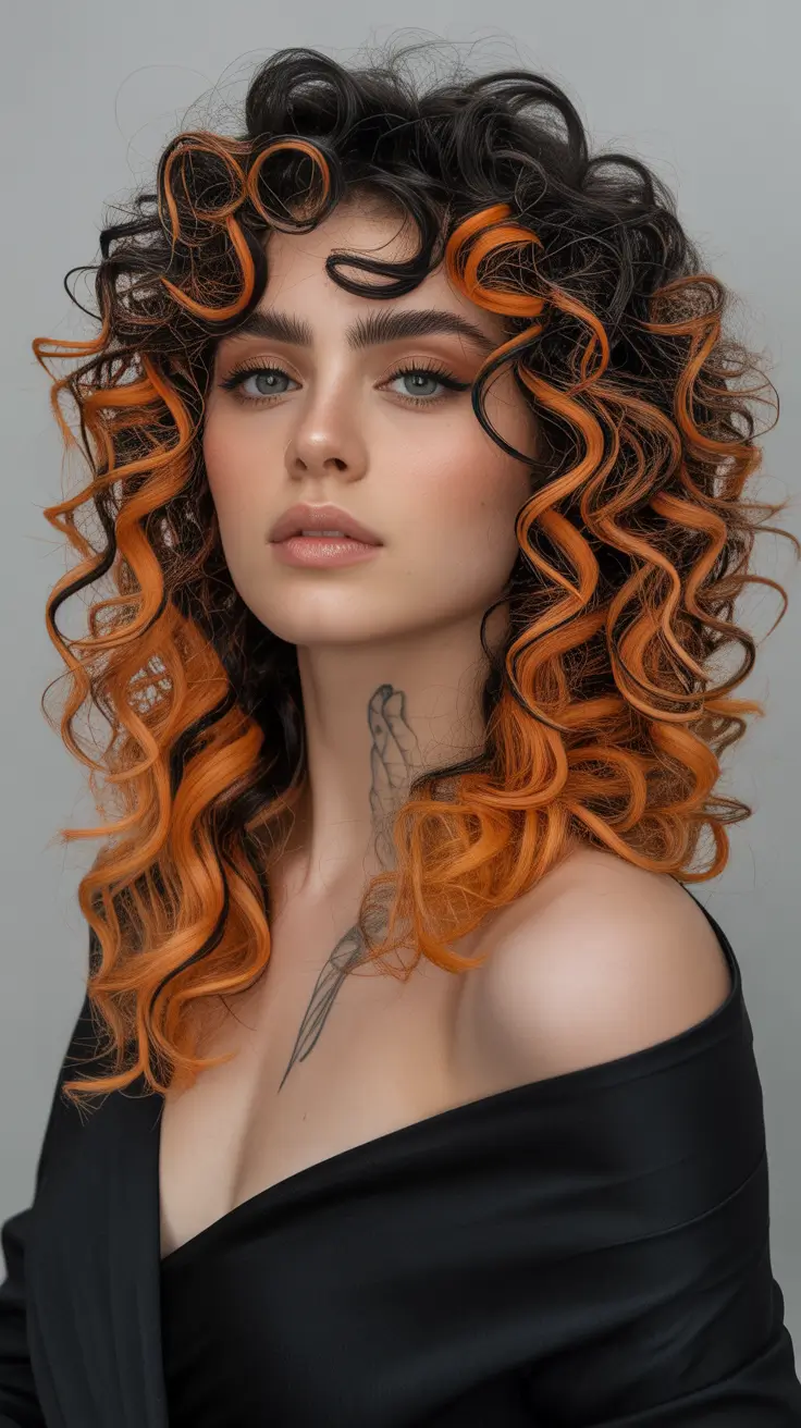 spring balayage hair color Bold Copper Ribbon Balayage On Voluminous Brunette Curls