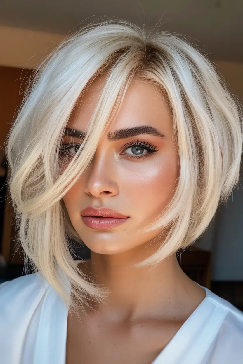 spring blonde hair color Airy Textured Blonde Bob with Side Sweep Movement