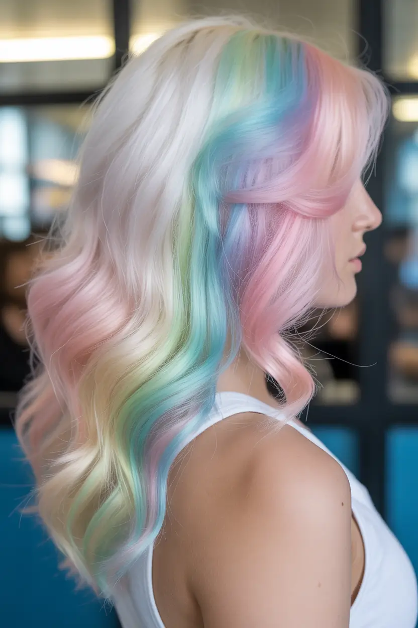 spring blonde hair color Pastel Rainbow Blonde Waves with Playful Dimension