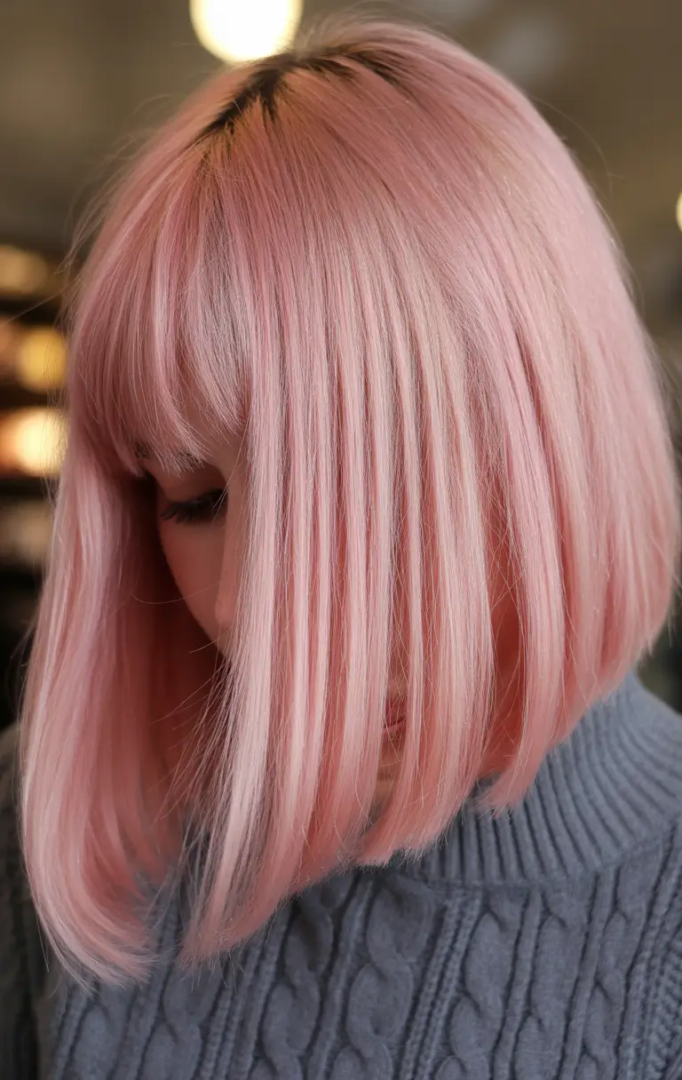 spring blonde hair color Soft Blush Blonde Precision Bob with Full Fringe