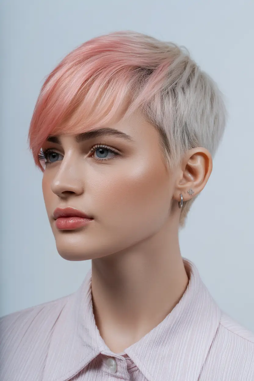 spring blonde hair color Short Blonde Pixie with Rose-Tinted Fringe Accent