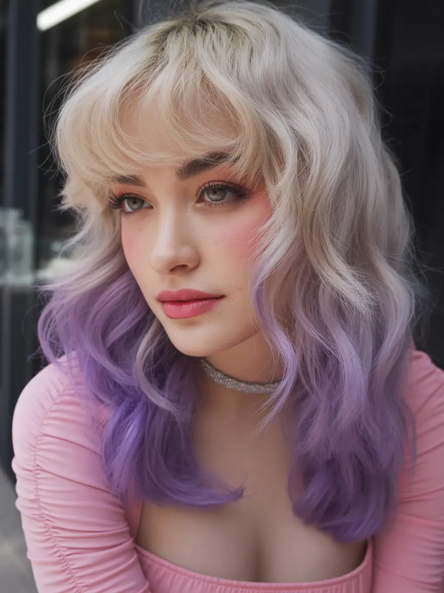 spring blonde hair color Pastel Lavender Blonde Waves with Playful Fringe