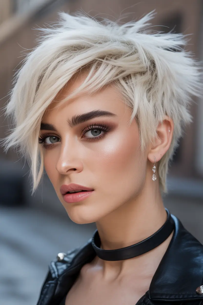 spring blonde hair color Edgy Platinum Blonde Pixie with Textured Layers