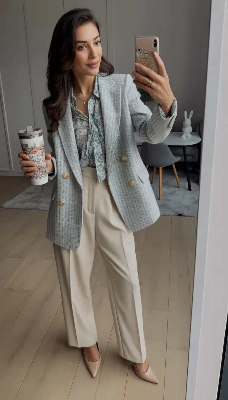 25 elegant spring business casual outfits 2026 The Textured Light Blazer + Wide-Leg Trousers That Feels Like Spring in Paris