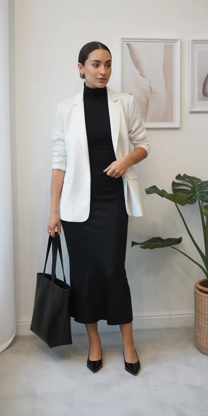 25 elegant spring business casual outfits 2026 The White Blazer + Black Midi Dress That Makes You Look Instantly Expensive