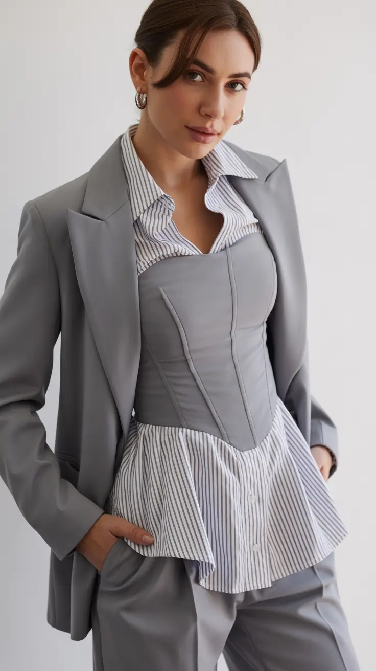 25 elegant spring business casual outfits 2026 The Grey Suit + Corset Layering Trick That Looks Editorial but Wearable