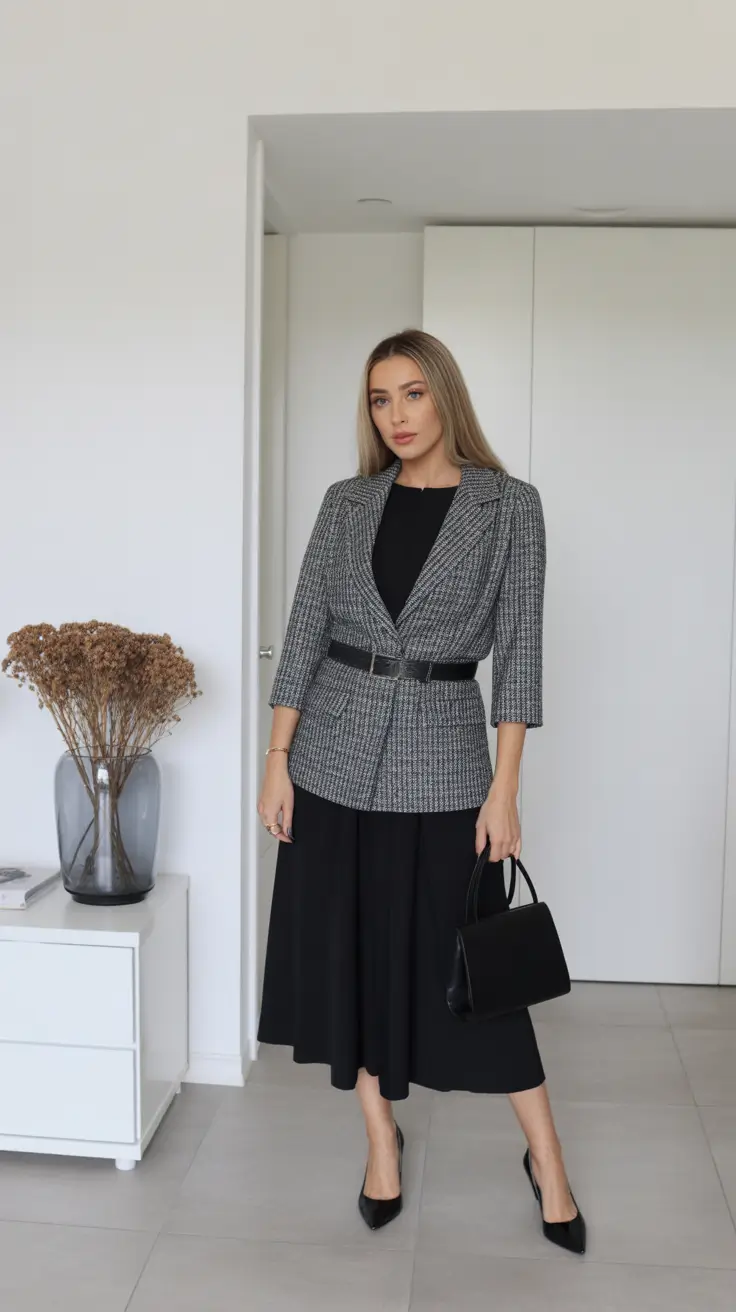 25 elegant spring business casual outfits 2026 The Tweed Belted Blazer + Black Midi Skirt That Always Looks Executive