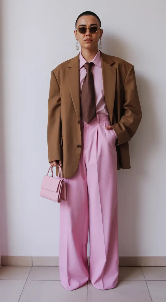 25 elegant spring business casual outfits 2026 The Brown Blazer + Pink Wide-Leg Pants That Feels Bold but Sophisticated