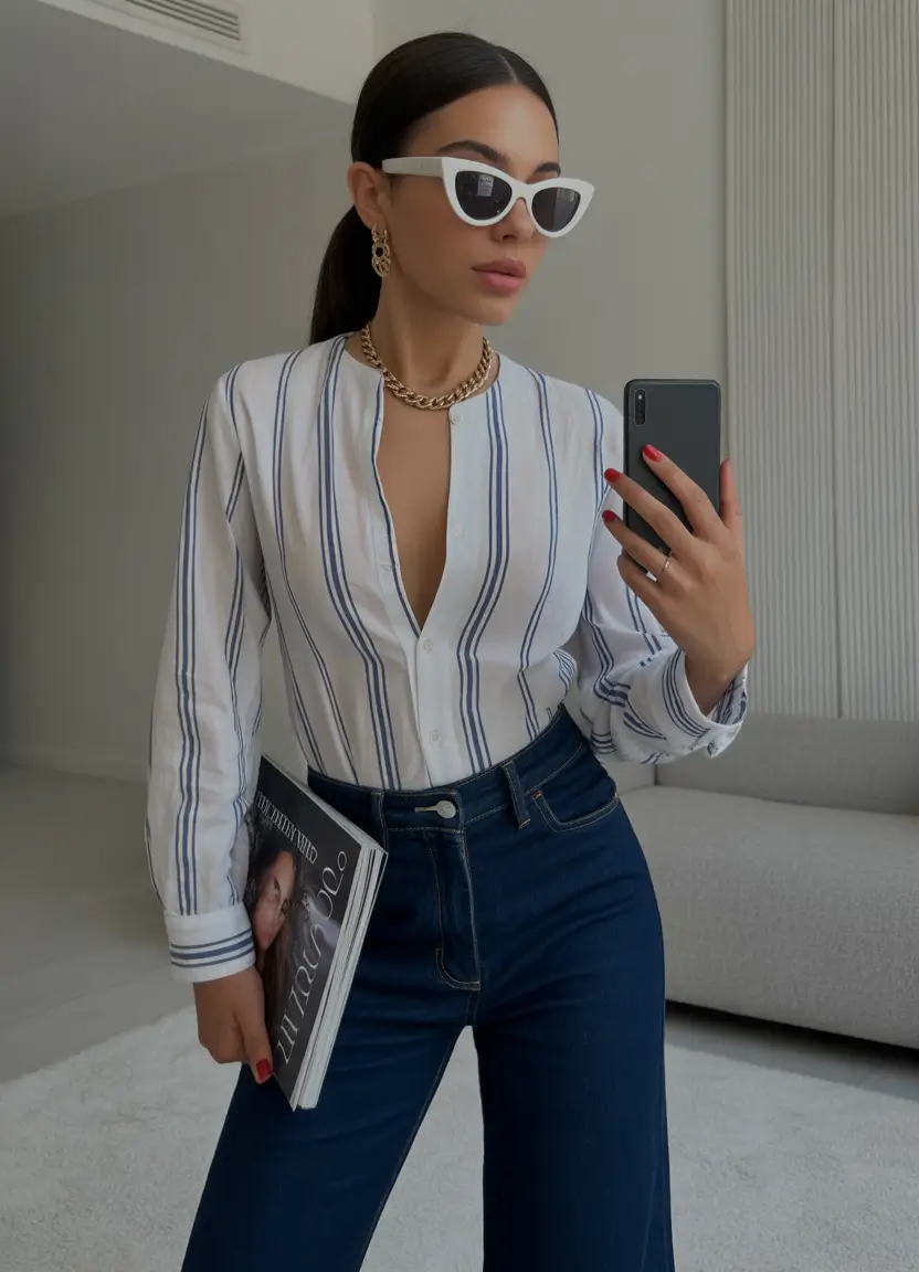 25 elegant spring business casual outfits 2026 The Striped Deep-V Shirt + Women Jeans That Feels Like 2026 Casual Power Dressing