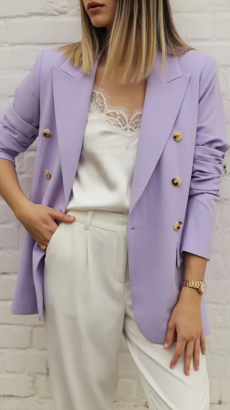 25 elegant spring business casual outfits 2026 Lavender Blazer + Ivory Trousers - Soft Power for Spring