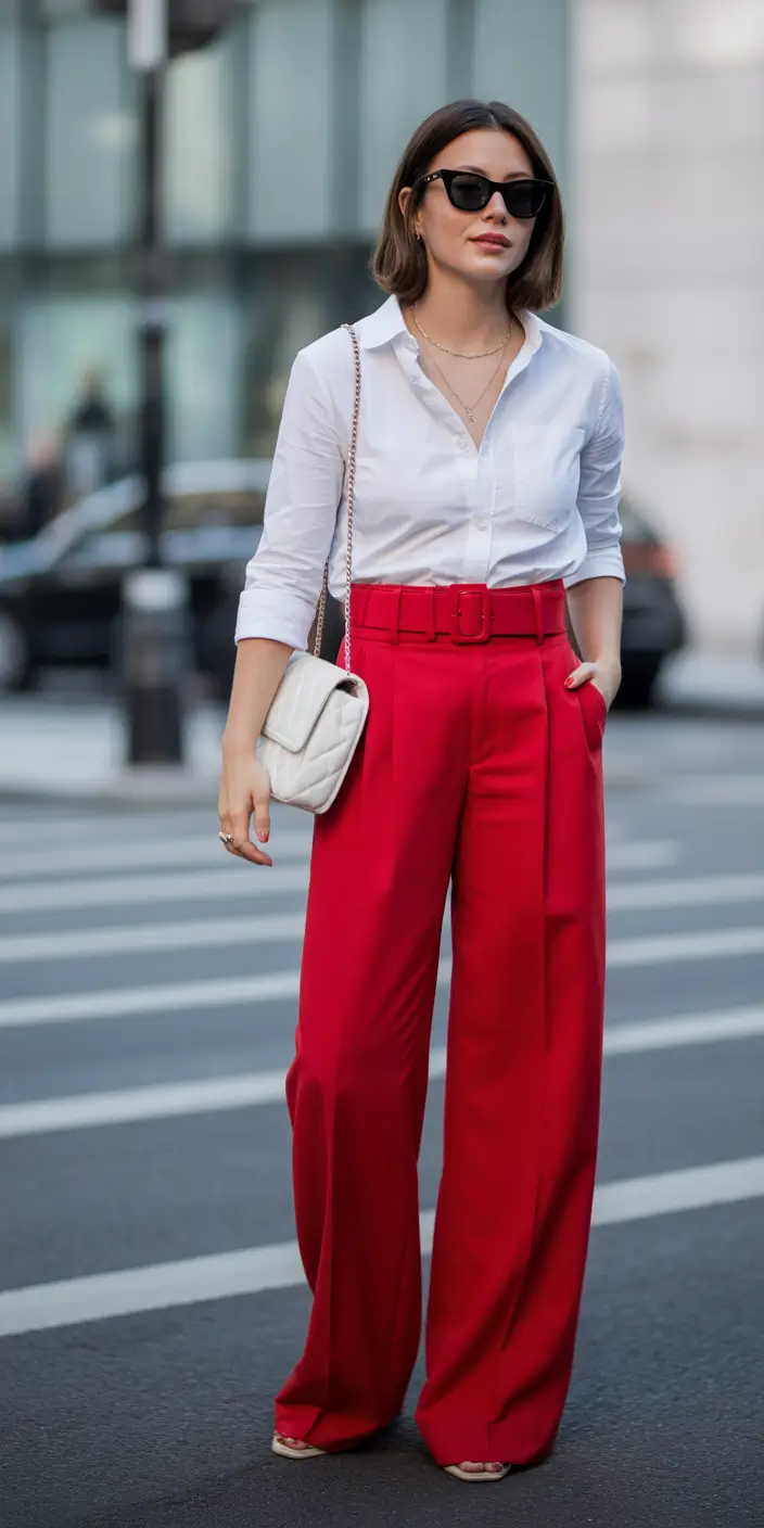 25 elegant spring business casual outfits 2026 The White Shirt + Red Wide-Leg Pants That Wakes Up Your Closet