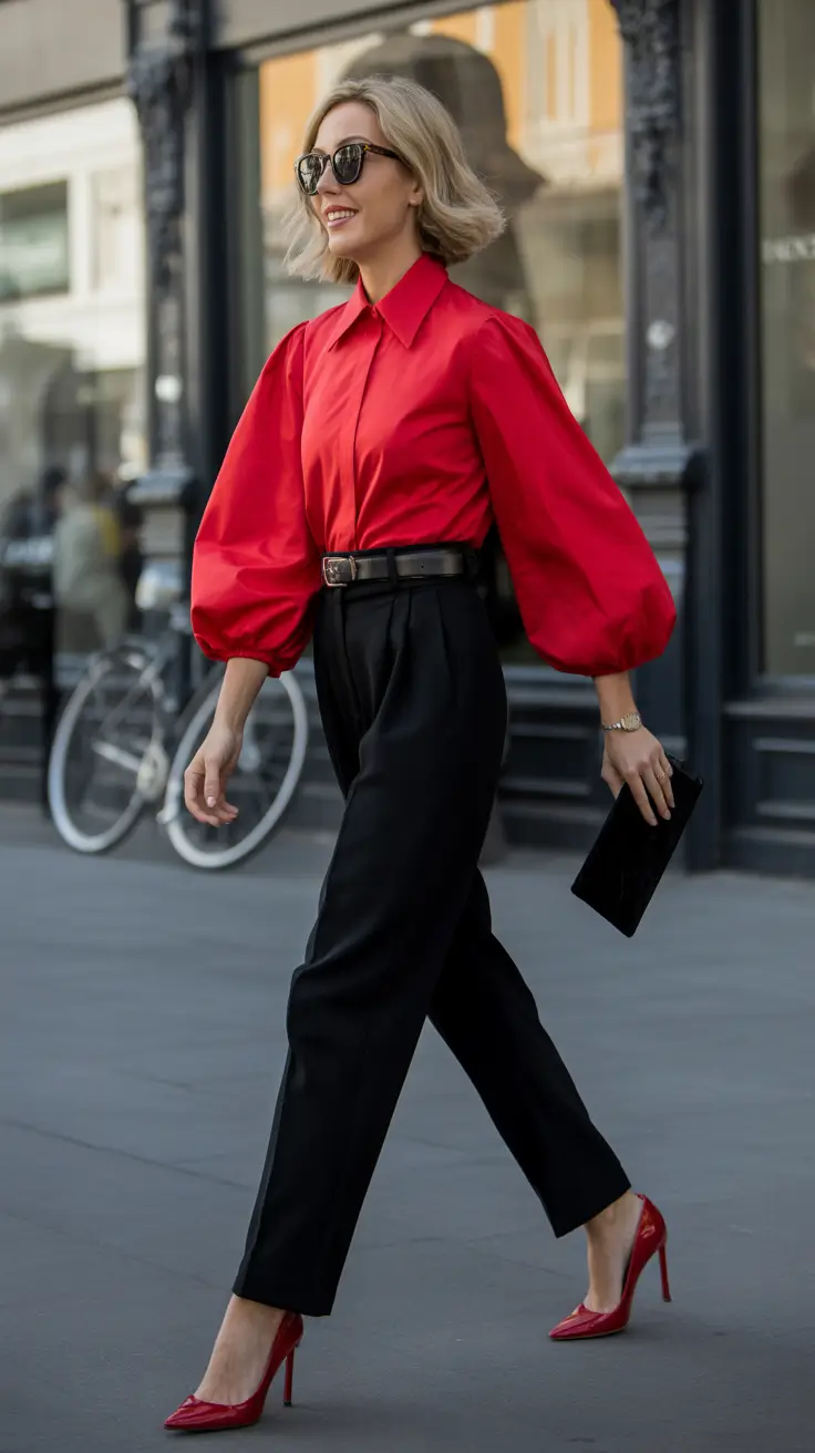 25 elegant spring business casual outfits 2026 The Red Blouse + Black Pants Combo That Never Lets You Down