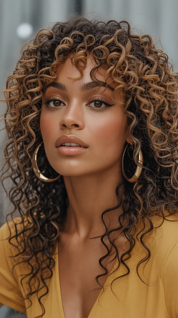 spring haircuts 2026 Soft Sculpted Curls With Golden Dimension