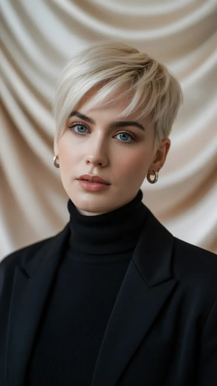spring haircuts 2026 Soft Platinum Pixie With Elegant Sweep