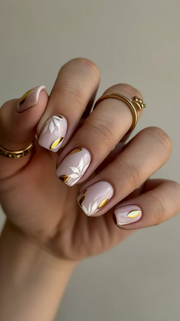 spring nail art Soft Nude Nails with Gold Botanical Accents