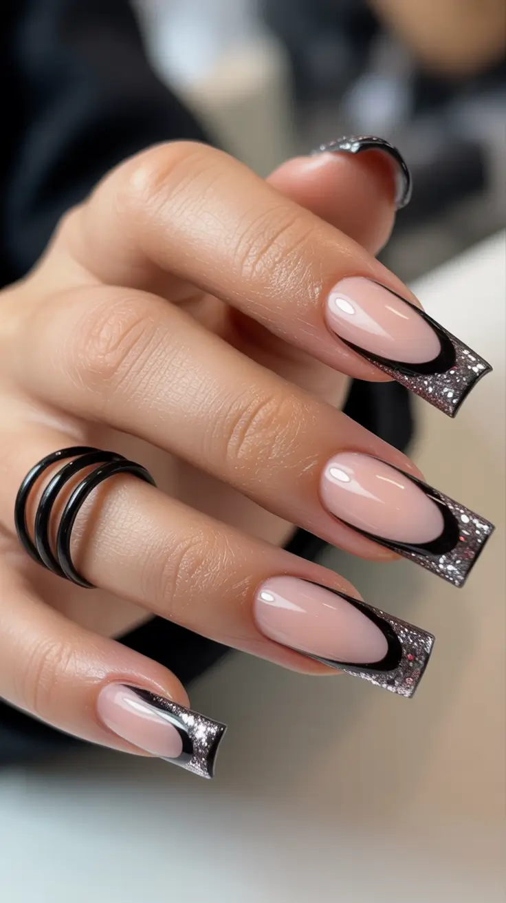 spring nail art Graphic Black French with Modern Sparkle Edge