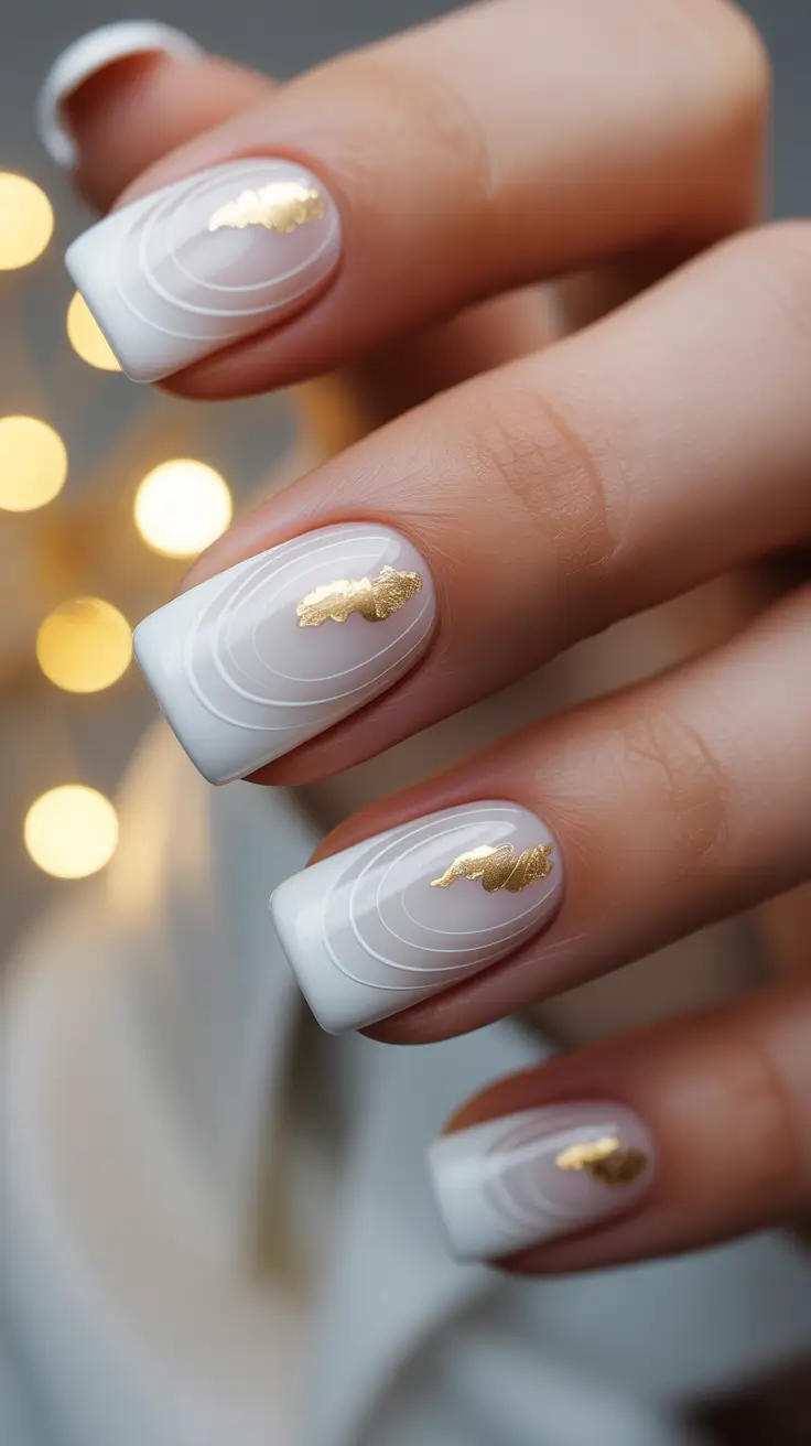 spring nail art Milky White Contour Nails with Gold Accents