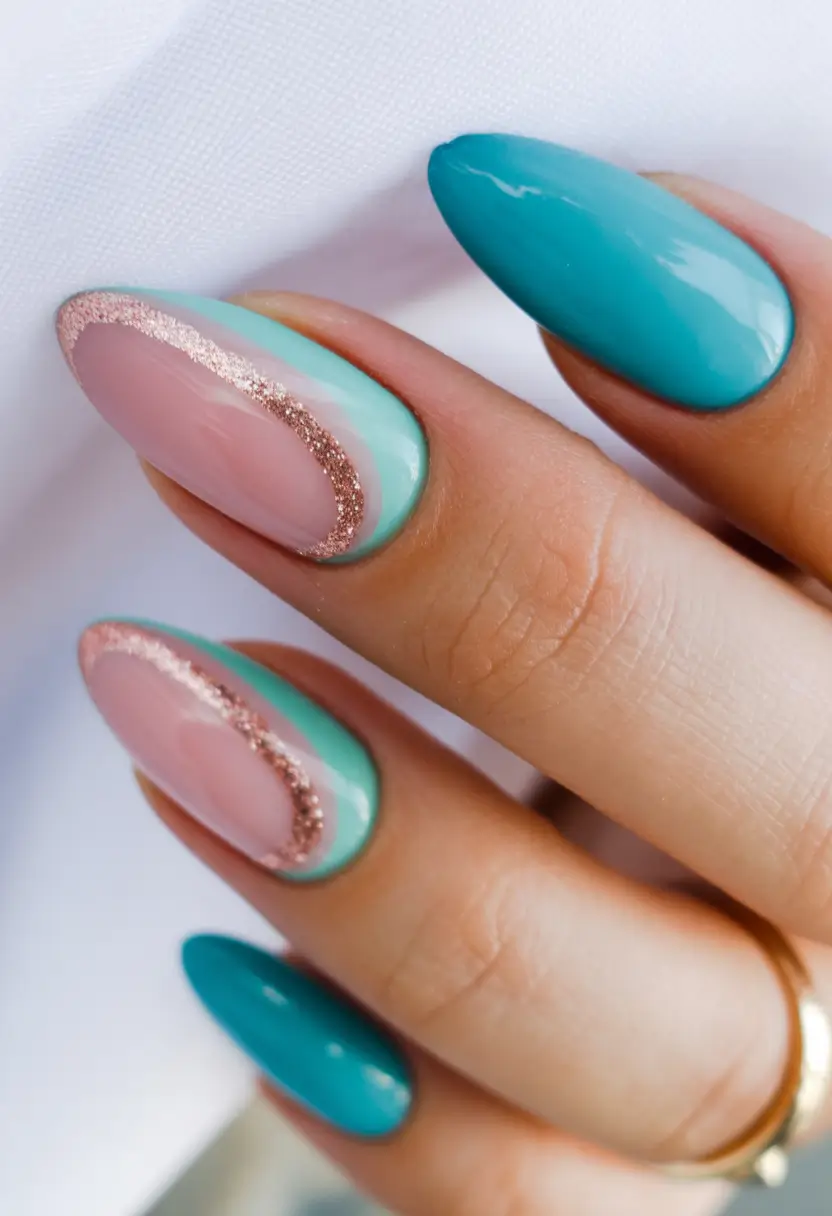 spring nail art Turquoise Spring Contrast with Glitter Framing