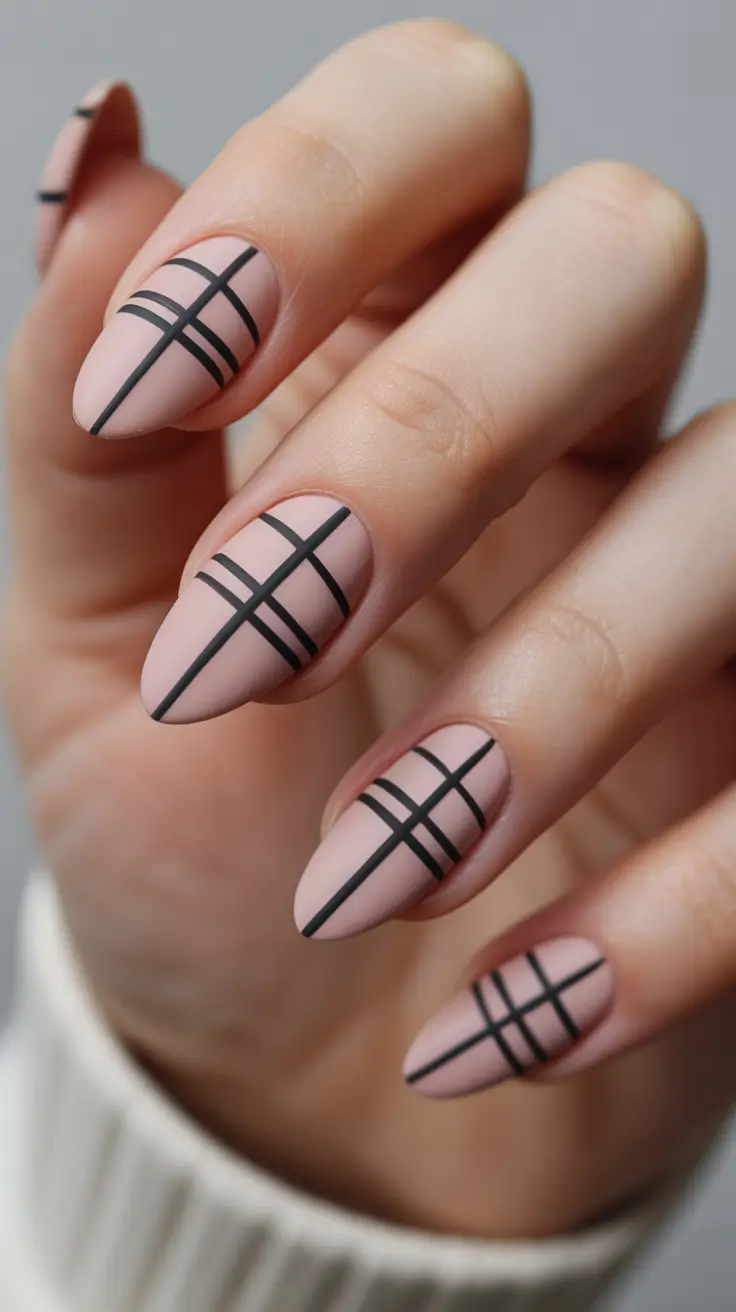 spring nail art Graphic Minimal Lines on Soft Nude Almond Nails