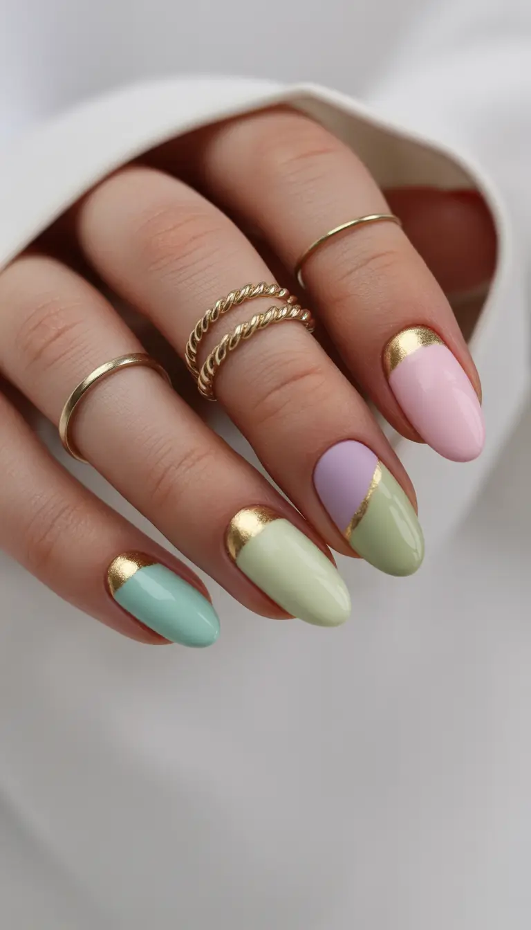 spring nail art Soft Pastel Geometry with Metallic Elegance