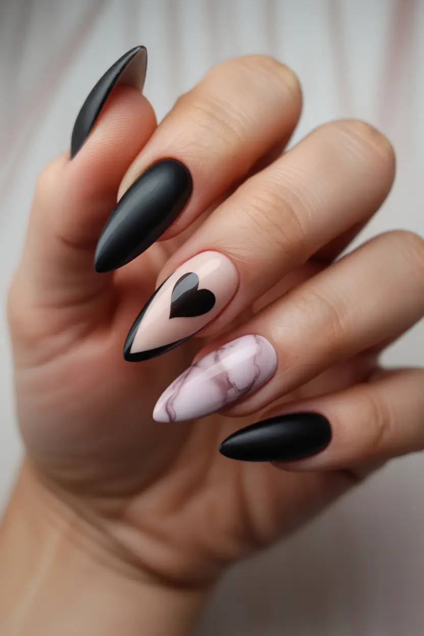 spring nail art Modern Dark Contrast with Minimal Graphic Hearts